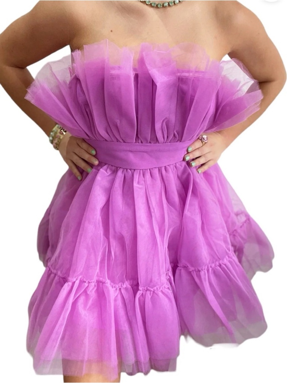 Klesis Women's Strapless Tulle Mini Dress in Vibrant Purple